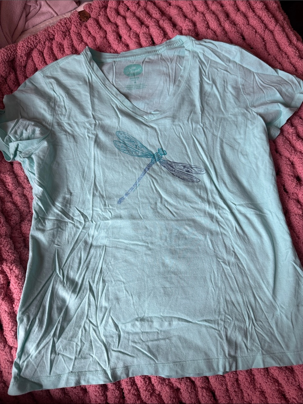 Life Is Good Women's Light Blue V-Neck Tee with Dragonfly Graphic